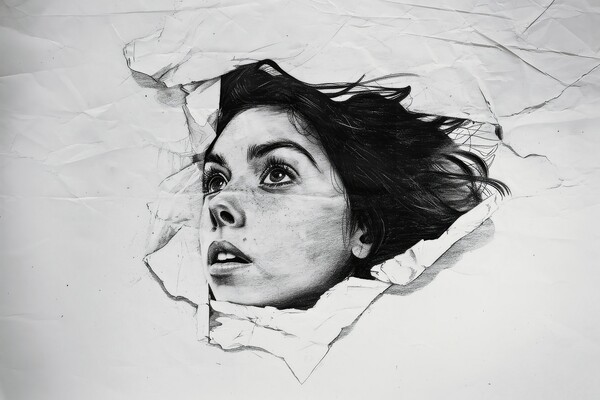 A pencil painting of a woman coming out of the paper. Picture Board by Michael Piepgras