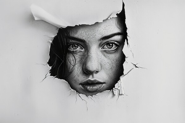 A pencil painting of a woman coming out of the paper. Picture Board by Michael Piepgras