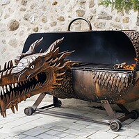 Buy canvas prints of A barbecue grill in form of a dragon. by Michael Piepgras