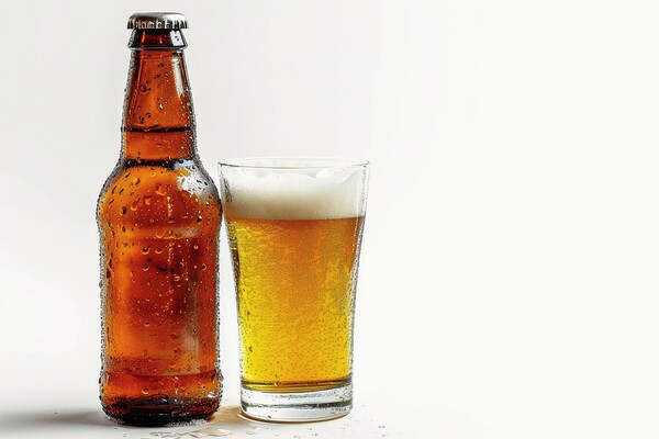 A bottle of beer and a filled glass on a white background. Picture Board by Michael Piepgras