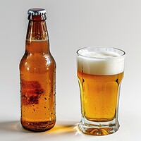Buy canvas prints of A bottle of beer and a filled glass on a white background. by Michael Piepgras