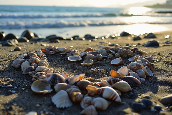 A heart shape made of shells at a beach. Picture Board by Michael Piepgras