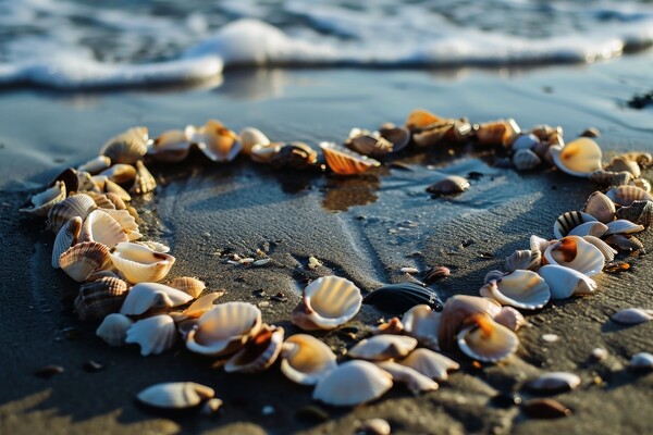 A heart shape made of shells at a beach. Picture Board by Michael Piepgras