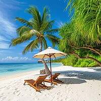 Buy canvas prints of A deck chair and parasol on a secluded dream beach with palm tre by Michael Piepgras