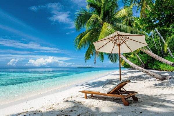 A deck chair and parasol on a secluded dream beach with palm tre Picture Board by Michael Piepgras