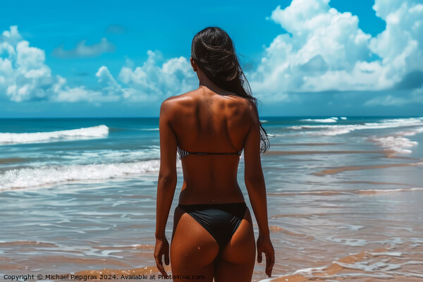 A woman at a beach wearing a black bikini. Picture Board by Michael Piepgras