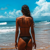 Buy canvas prints of A woman at a beach wearing a black bikini. by Michael Piepgras