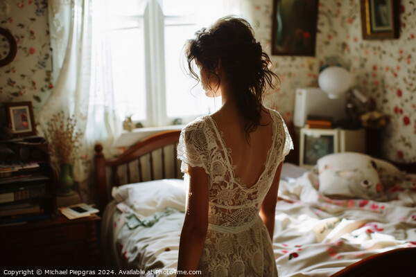 A woman in her bedroom in a lace dress. Picture Board by Michael Piepgras