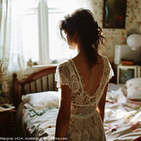 Buy canvas prints of A woman in her bedroom in a lace dress. by Michael Piepgras
