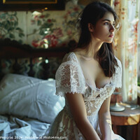 Buy canvas prints of A woman in her bedroom in a lace dress. by Michael Piepgras