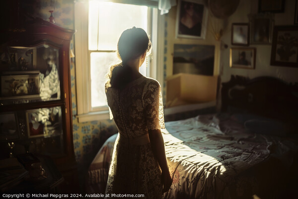 A woman in her bedroom in a lace dress. Picture Board by Michael Piepgras