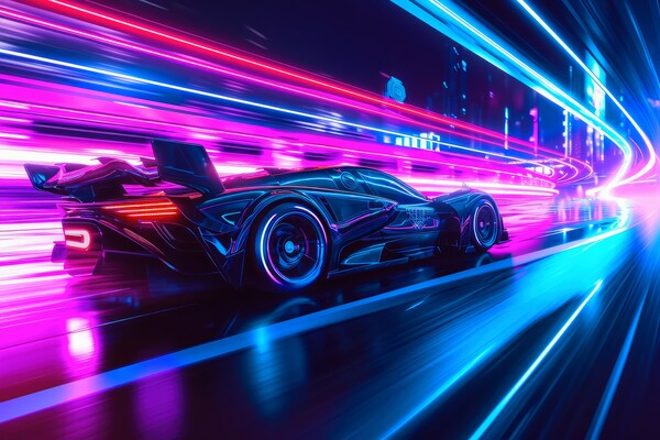 A fast car in a futuristic neon light city. Picture Board by Michael Piepgras