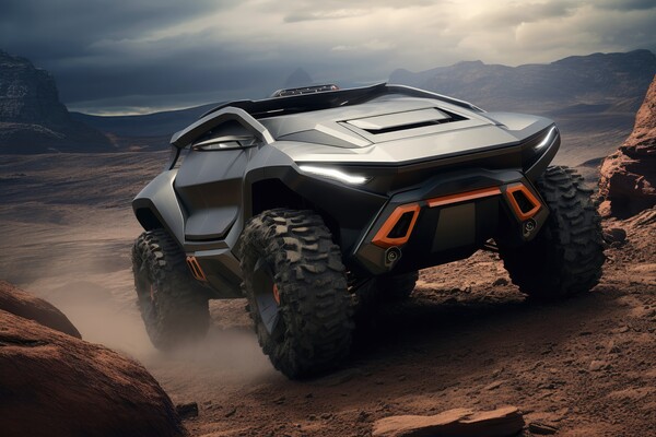A futuristic sports SUV driving in wild terrain. Picture Board by Michael Piepgras