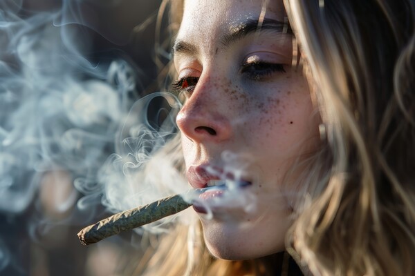 Close up of a woman smoking a big weed joint with some cannabis  Picture Board by Michael Piepgras
