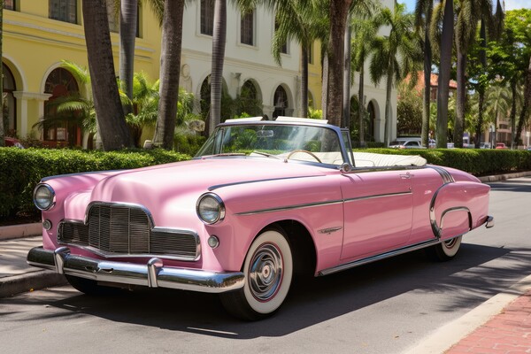 Pink convertible from the 70s in an avenue of palm trees. Picture Board by Michael Piepgras