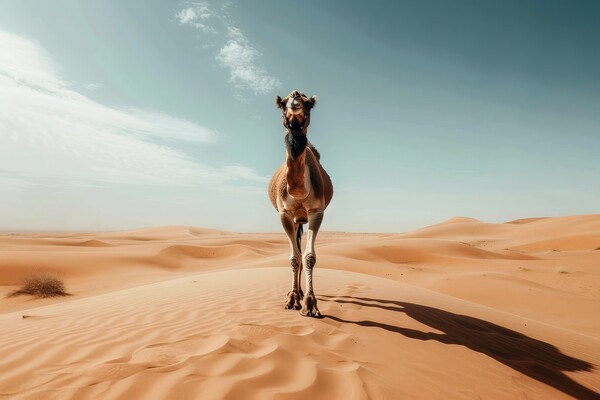 A camel walking in a desert. Picture Board by Michael Piepgras