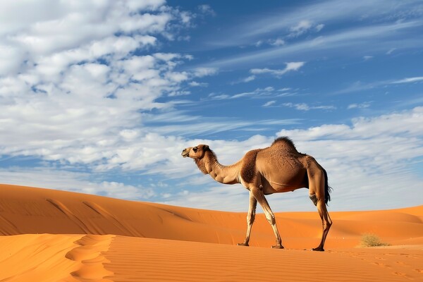 A camel walking in a desert. Picture Board by Michael Piepgras