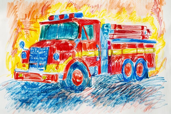 A childs crayon painting of a fire engine. Picture Board by Michael Piepgras