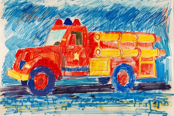 A childs crayon painting of a fire engine. Picture Board by Michael Piepgras