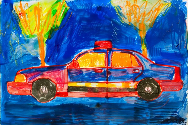 A childs crayon painting of a police car. Picture Board by Michael Piepgras