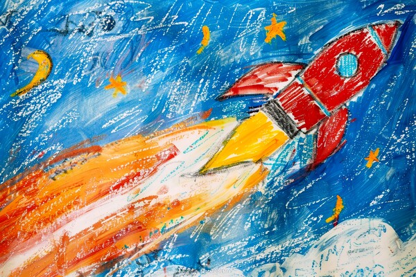 A childs crayon painting of a powerful rocket launching into the Picture Board by Michael Piepgras