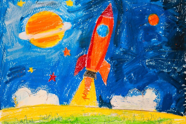 A childs crayon painting of a powerful rocket launching into the Picture Board by Michael Piepgras