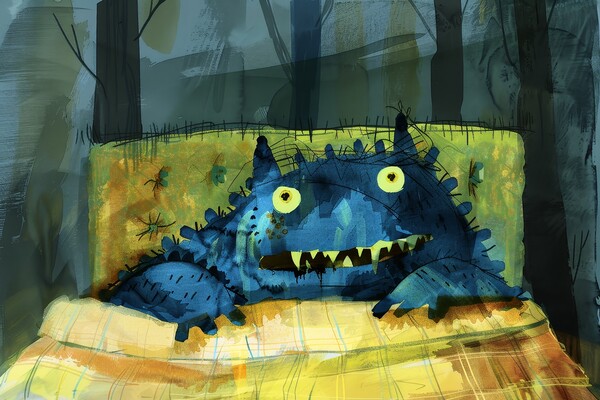 A childs painting of a monster under the bed. Picture Board by Michael Piepgras