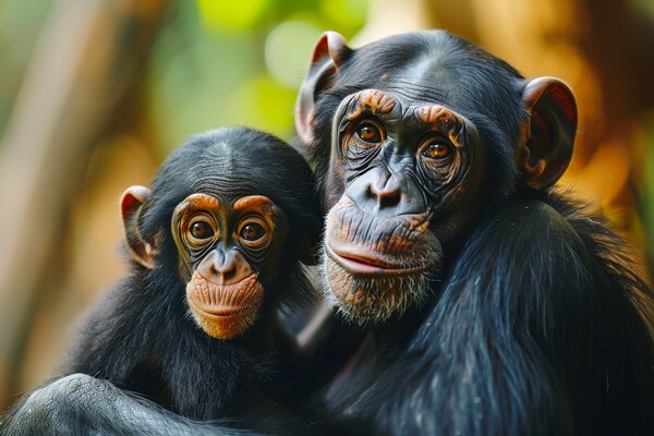 A cute baby chimpanzee in the arms of its mother. Picture Board by Michael Piepgras