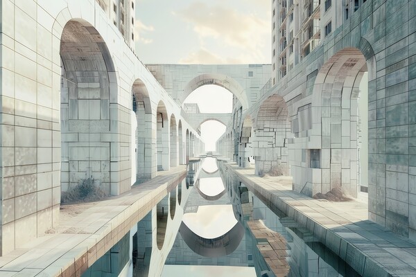 A dream world unfolds with impossible architecture and shifting  Picture Board by Michael Piepgras