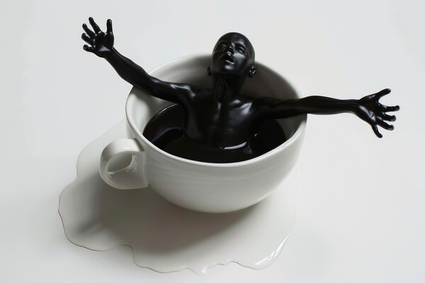 A human coming out of a cup of black coffee. Picture Board by Michael Piepgras
