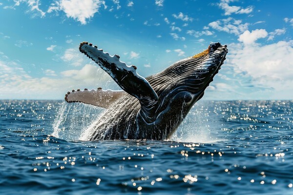 A humpback whale breaching the oceans surface with water droplet Picture Board by Michael Piepgras