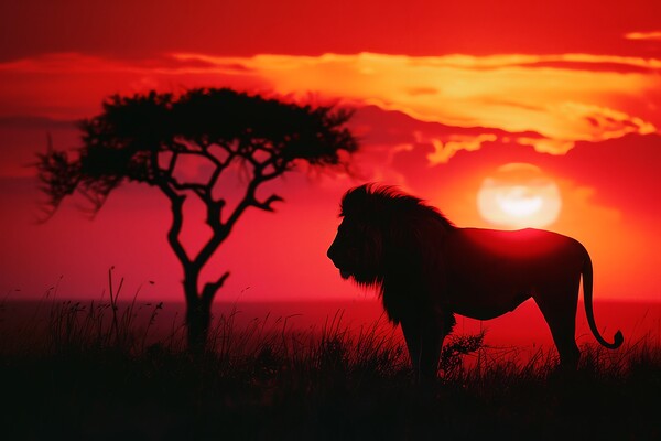 A majestic lion silhouetted against a vibrant sunrise on the Afr Picture Board by Michael Piepgras