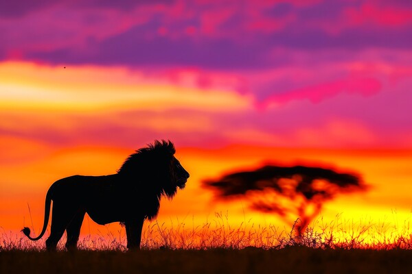 A majestic lion silhouetted against a vibrant sunrise on the Afr Picture Board by Michael Piepgras
