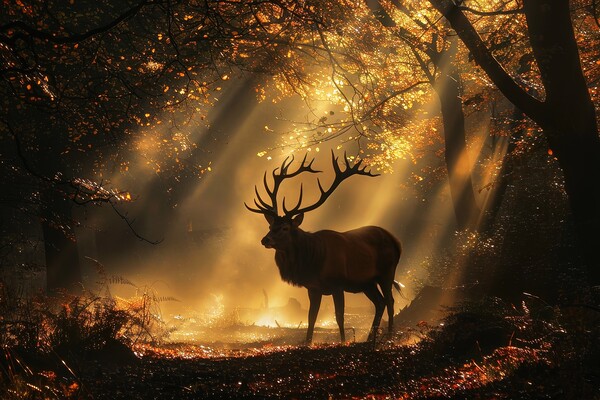 A majestic stag in a misty forest with sunbeams . Picture Board by Michael Piepgras