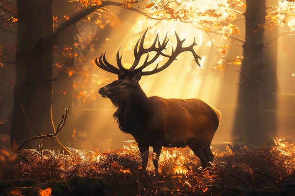 A majestic stag in a misty forest with sunbeams . Picture Board by Michael Piepgras