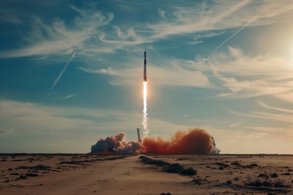 A powerful rocket launching into the sky leaving a trail of fire Picture Board by Michael Piepgras