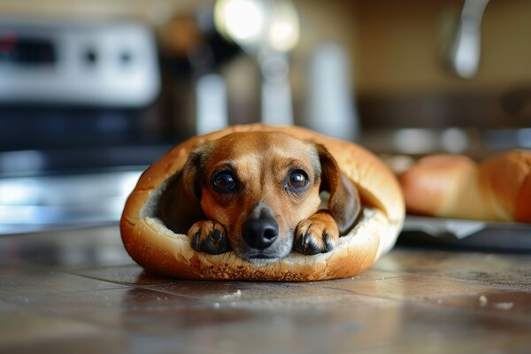 A real dog in a hot dog bun. Picture Board by Michael Piepgras