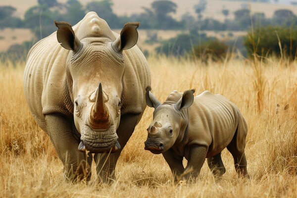 A rhinoceros baby with its mother in the savannah. Picture Board by Michael Piepgras