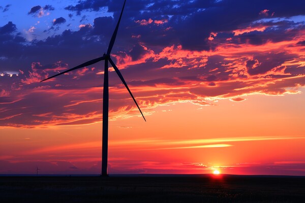 A silhouette of a wind turbine against a vibrant sunset backdrop Picture Board by Michael Piepgras