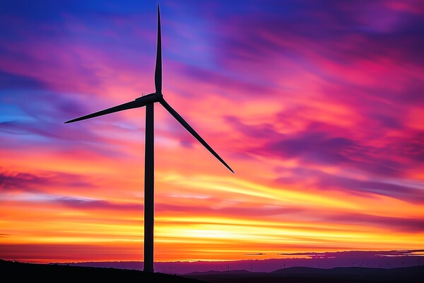 A silhouette of a wind turbine against a vibrant sunset backdrop Picture Board by Michael Piepgras