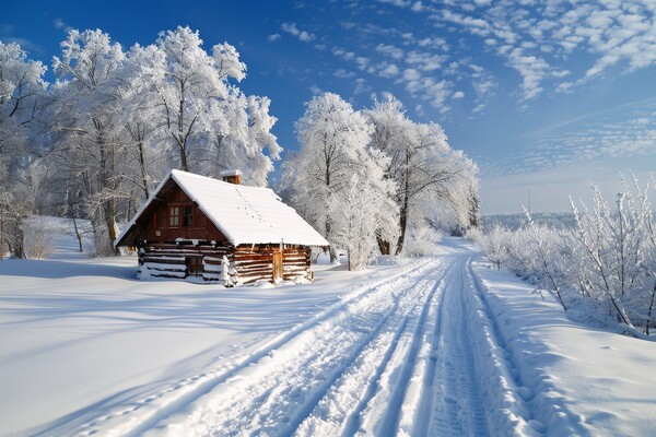 A snowy nordic winter landscape with a wooden house and a small  Picture Board by Michael Piepgras