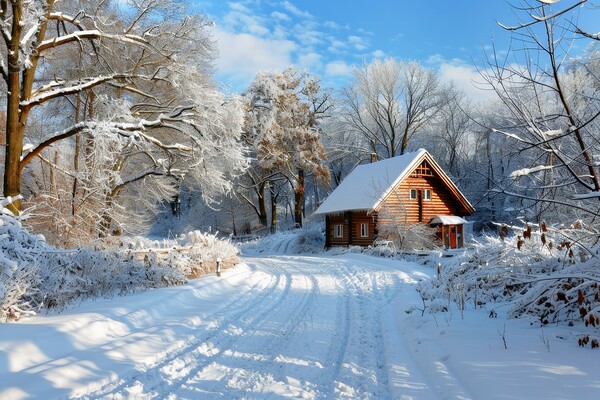 A snowy nordic winter landscape with a wooden house and a small  Picture Board by Michael Piepgras