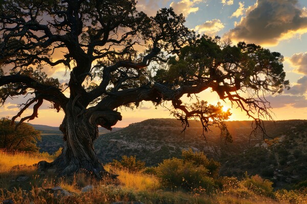 A very old gnarled tree stands in a meadow in the sunset. Picture Board by Michael Piepgras
