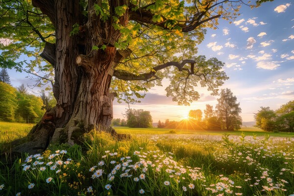A very old gnarled tree stands in a meadow in the sunset. Picture Board by Michael Piepgras