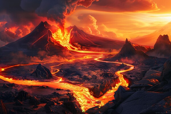 A volcanic eruption with flowing lava in a spectacular landscape Picture Board by Michael Piepgras