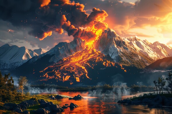 A volcanic eruption with flowing lava in a spectacular landscape Picture Board by Michael Piepgras