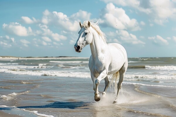 A white horse running at a beach in the sunlight. Picture Board by Michael Piepgras