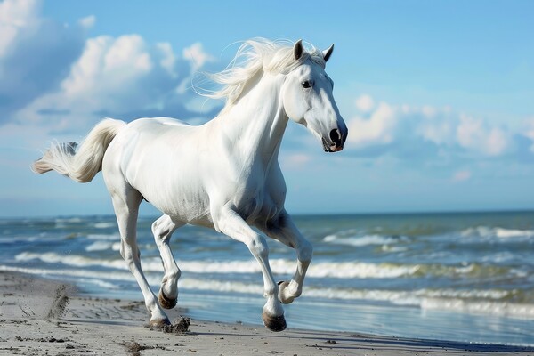 A white horse running at a beach in the sunlight. Picture Board by Michael Piepgras