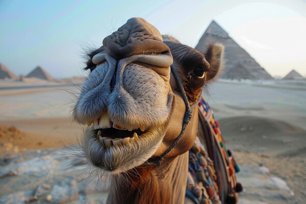 Close up of a funny camel with a pyramid and desert in the backg Picture Board by Michael Piepgras