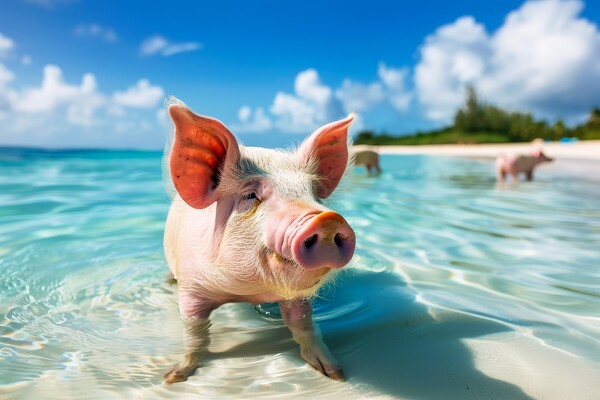 Happy pigs bathe in the ocean in a tropical paradise. Picture Board by Michael Piepgras